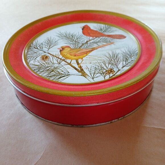 Vintage Cardinal  Bird Red Cookie Tin Container Christmas Holiday - Picture 1 of 7